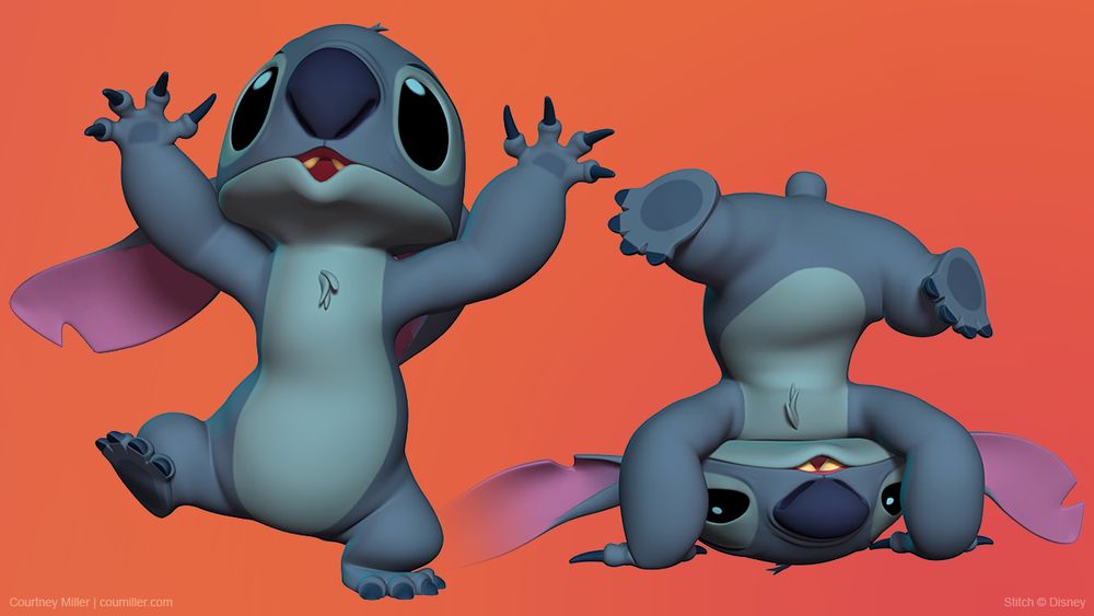 3D renders of Stitch - one standing on one leg with his arms in the air and another standing on his head