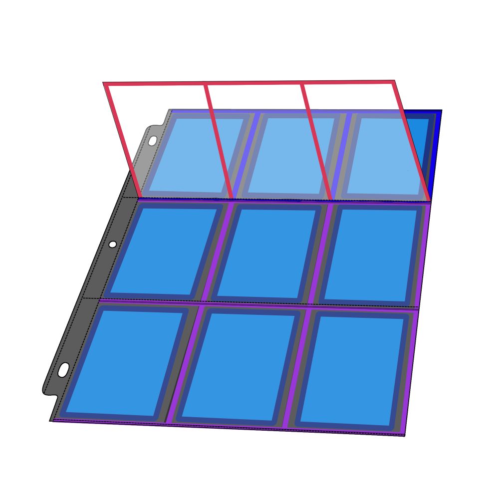 TCG binder page where slot rows open vertically with soft magnetic strips dividing each card slot and securing them in place