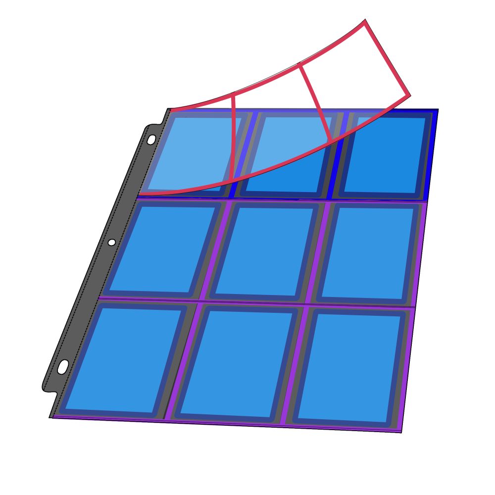 TCG binder page where slot rows open horizontally with soft magnetic strips dividing each card slot and securing them in place