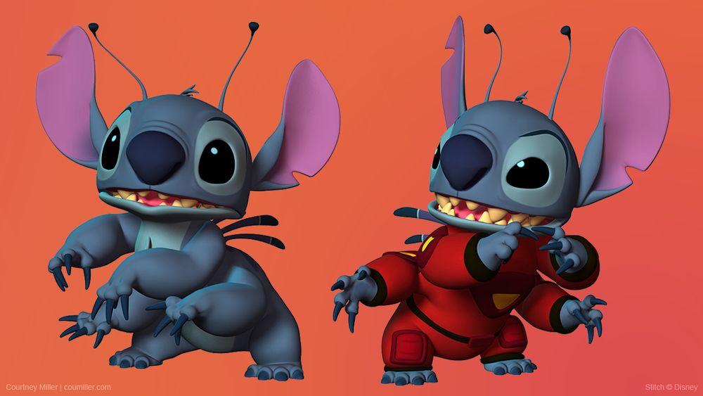 3D renders of Stitch - one in his alien form and another in his alien form with his suit