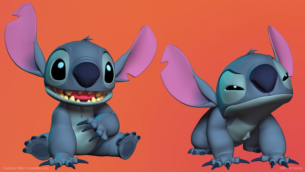 3D renders of Stitch - one sitting on the ground with a paw placed down and another on all fours, giving an unimpressed look