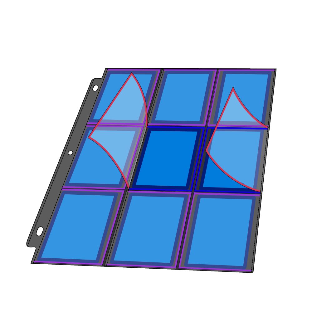 TCG binder page where each slot opens on a side with soft magnetic strips on the edge of each slot window to secure cards in place