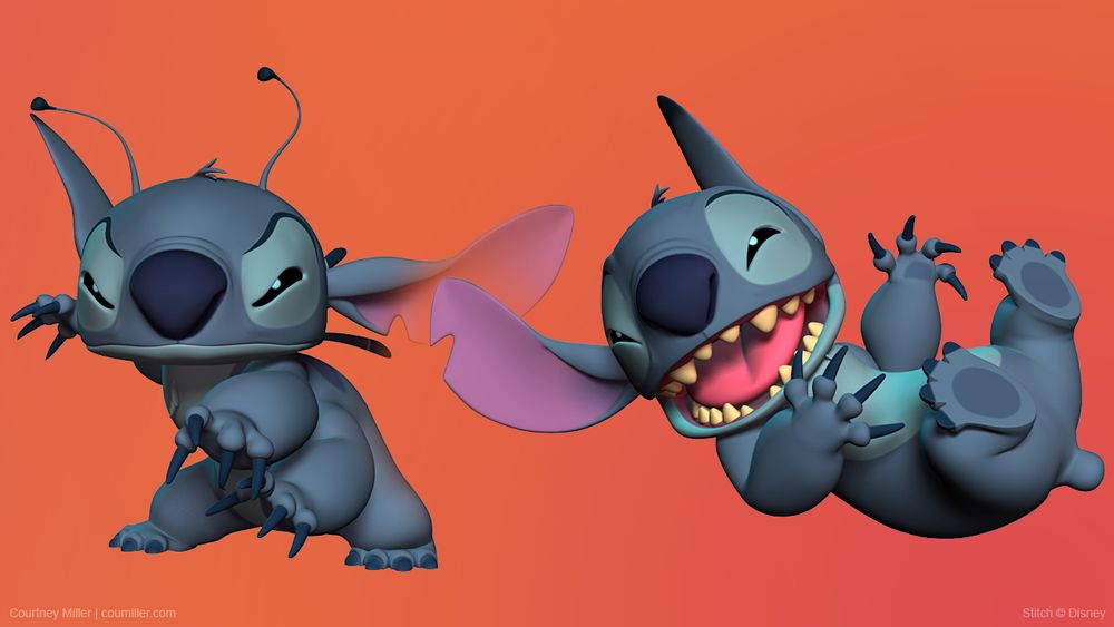 3D renders of Stitch - one in his alien form in a fighting stance and another in his dog form, rolled over on his back and laughing