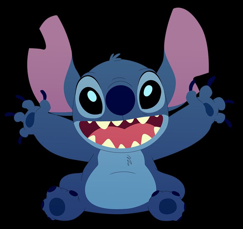 Digital illustration of Stitch, sitting down with his arms up and has a big smile
