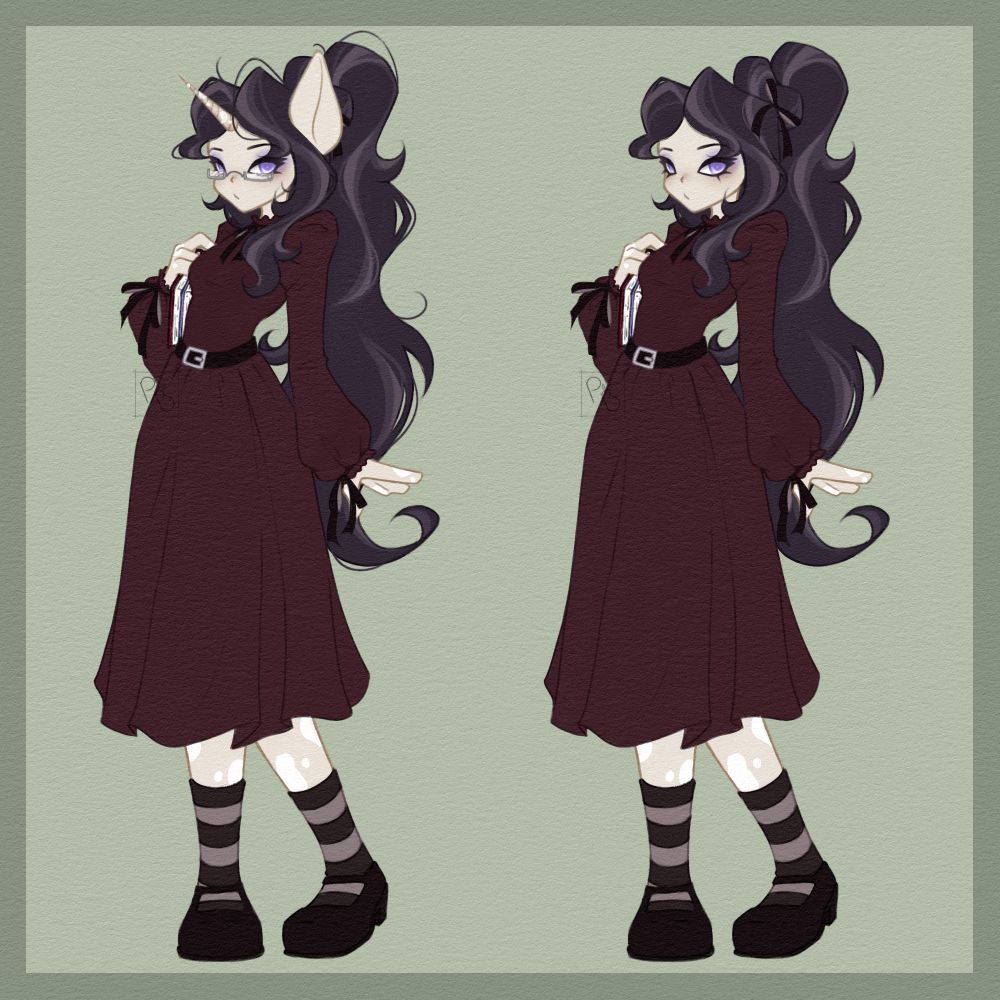 Commission for Thomas Fae. A human version of a ponysona, Elvira. Corporate goth aesthetic, long warm grey hair in a ponytail, dark red/burgundy dress with a black belt, striped socks, black shoes, black ribbons, purple eyes, and white spots around her arms, legs and horn on her cream colored fur/skin.