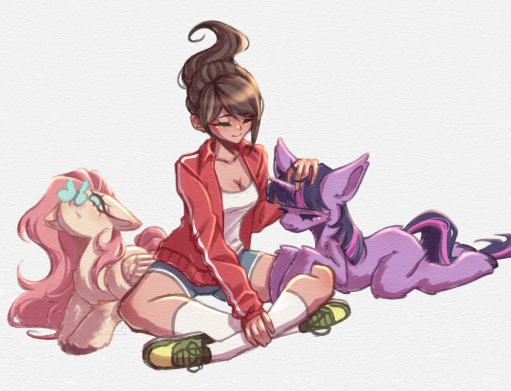 Aoi Asahina from Danganronpa sitting and relaxing with Twilight Sparkle and Fluttershy from My Little Pony