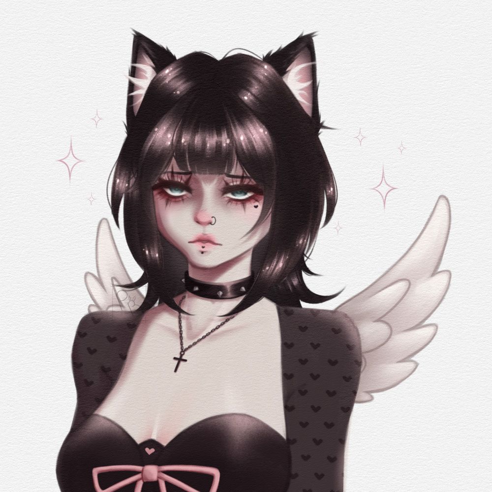 Cat girl design inspired by outfit on IMVU. Dark hair and clothes with pink accents, chain necklace, choker, thick lashes, blue eyes, angel wings, cat ears, sparkles floating around her head.