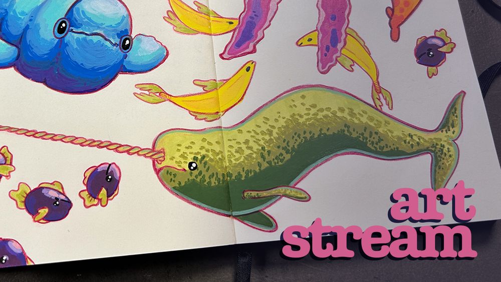 Art stream and fundraiser announcement showing an open sketchbook with colourful marine life drawings.