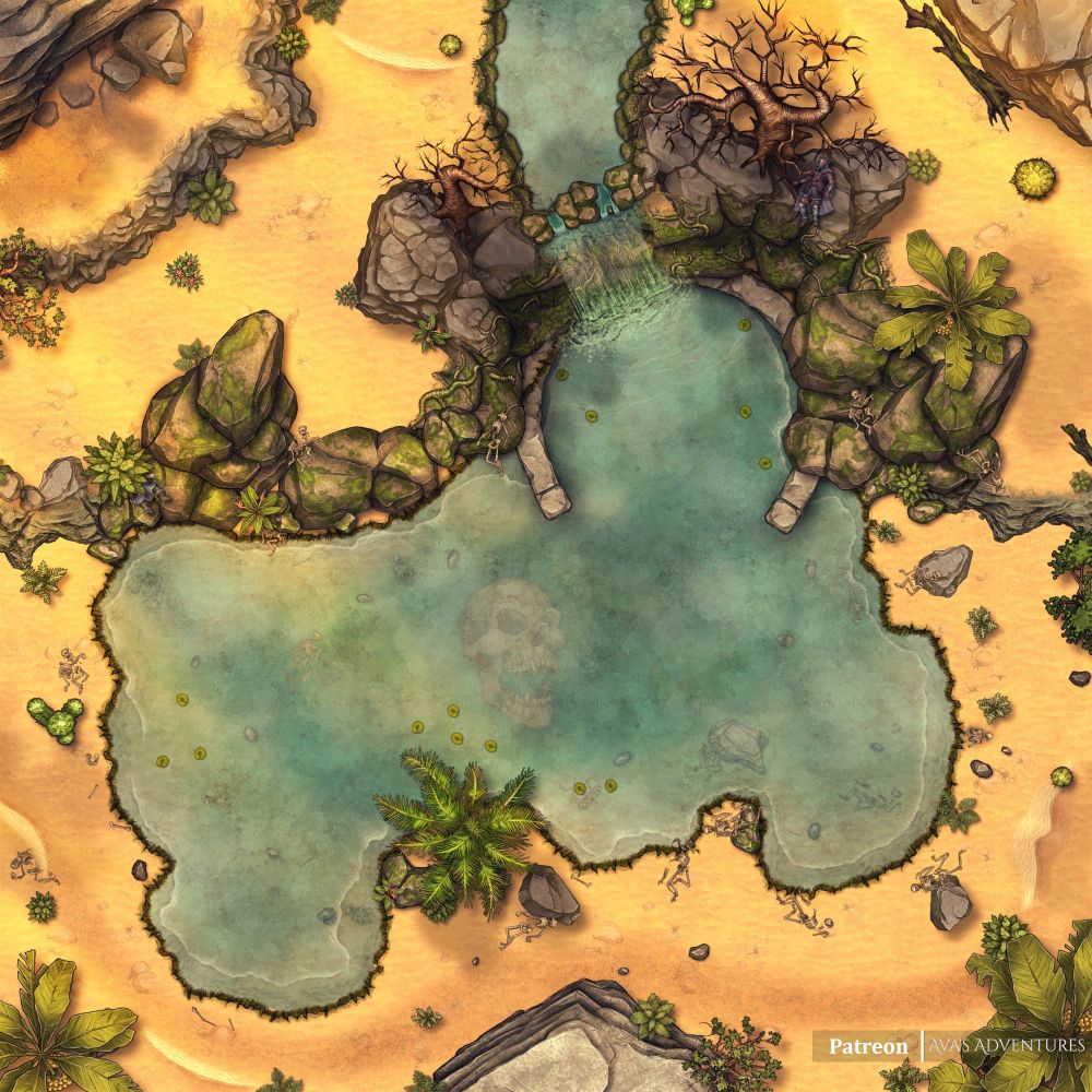 A battlemap of a water spring in the middle of the sandy desert. Palm trees dot the perimeter alongside skeletal remains of previous visitors. A giant skull can be seen at the bottom of the water.