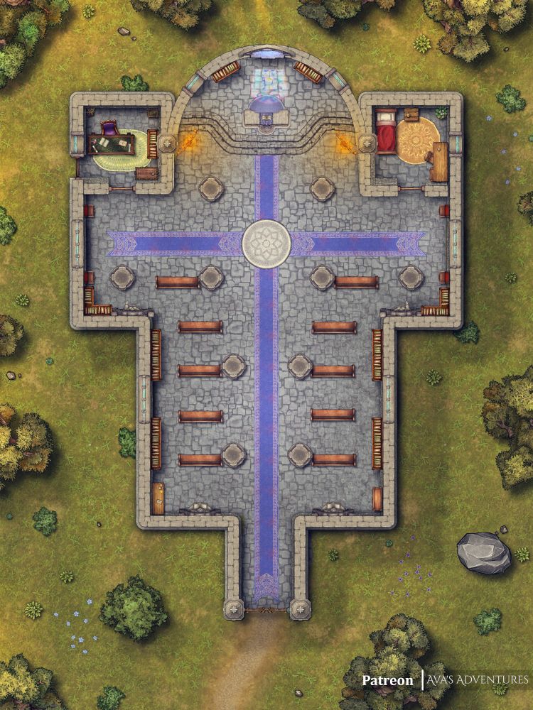 A Battlemap of a church in the middle of the woods. It's got an office and a bedroom where the priest can rest.
