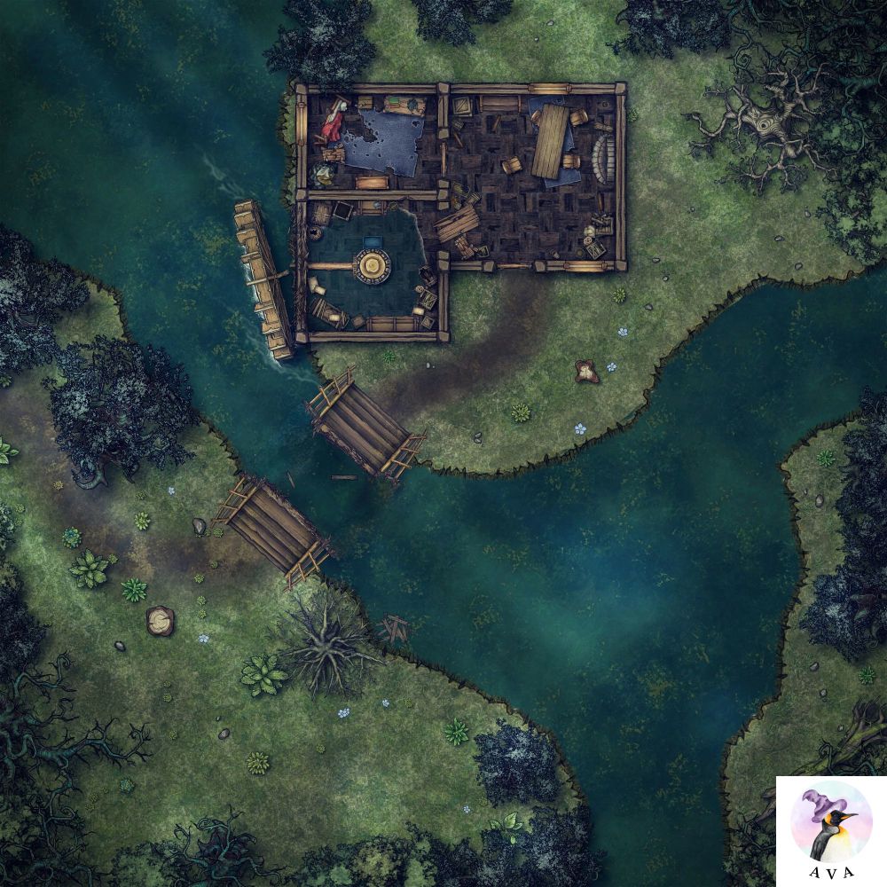 A battlemap of a ruined watermill. The bridge crossing the stream has been destroyed. Water is seeping into the humble building.