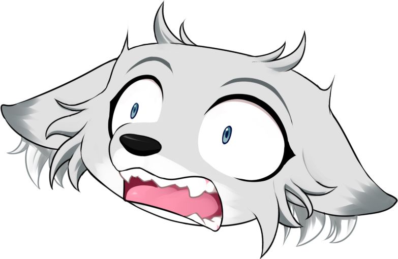 A drawing of Ronyo (grey fox with blue eyes and highlights). Their eyes are pinpricks, their ears are flattened down, and their mouth is open in raw horror.