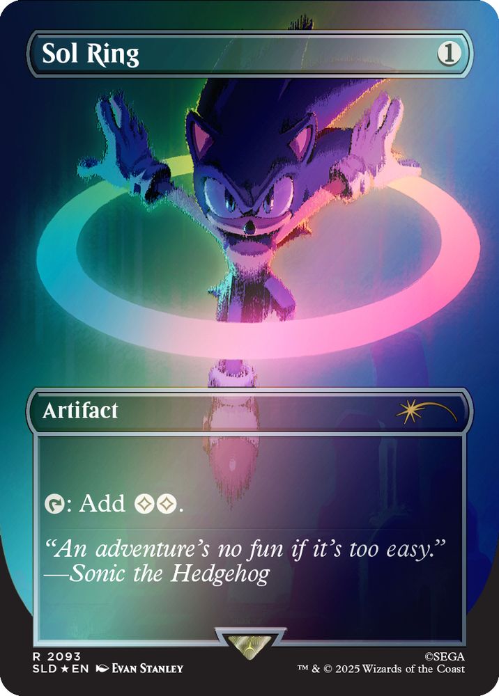 Render of the Magic The Gathering card Sol Ring featuring Evan Stanley’s artwork of Sonic the Hedgehog encircled by a rainbow ring.