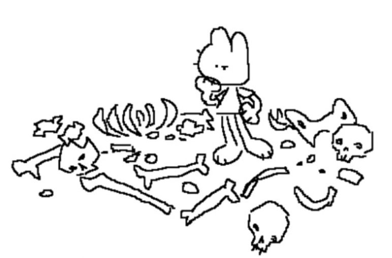 fish (a small anthropomorphic rabbit) standing in a pile of human bones, with a confused expression