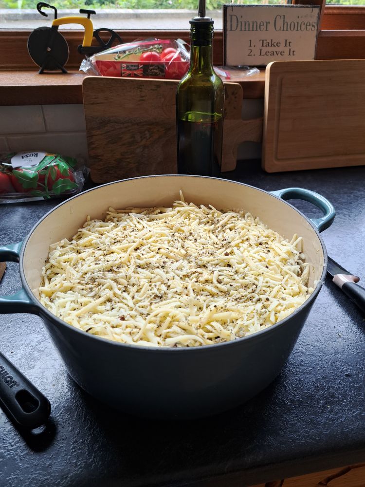Giant dish of moussaka ready for the oven