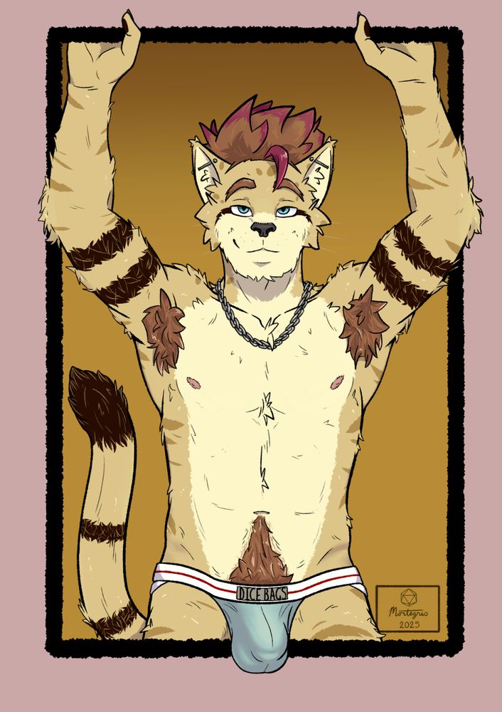 River, my feline fursona, is standing in a threshold, hands above his head holding onto the upper length of the frame, elbows pushing out through the side. He has a playful, calm expression on his face, eyebrows raised. He is only wearing a jockstrap and a silver chain around his neck - his pits are exposed to the viewer, as are his pecs and belly. The jockstrap has a red line through a white waist band, and has the brand "DICE BAGS" stamped. The bulge is hanging over the bottom of the frame, while his tail drifts to the side. 