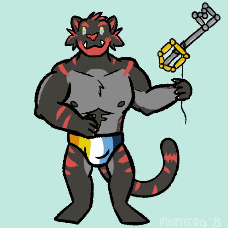 It's Scintilla! A cute, beefy tiger man with black and grey fur, and red stripes. He's wearing a pair of briefs with the aroace flag pattern, and holding a balloon keyblade.