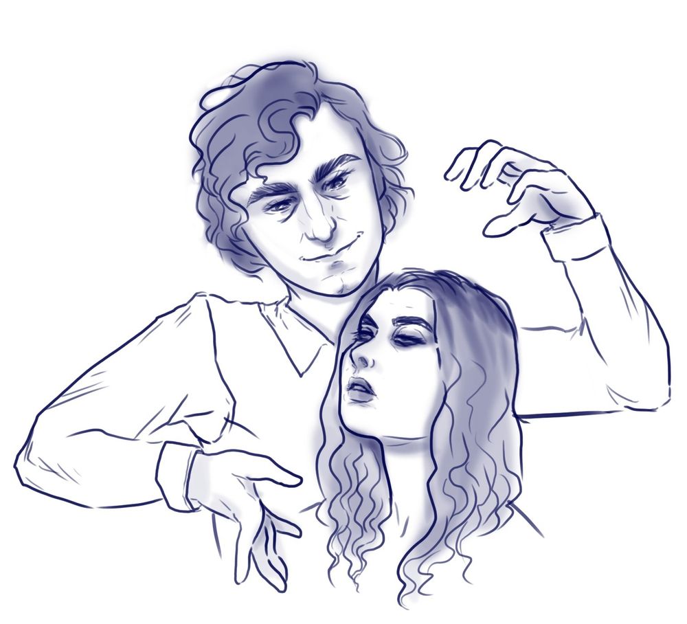 a line drawing of a hypnosis scene. the hypnotist is taller, with a square jaw, cleft chin, wavy jaw length hair, and deep set eyes. they hold their hands in the air as if puppeting a toy, and smirk at their subject. the subject is shorter, with shoulder length curly hair darker at the roots, dark makeup and fuller lips. they angle their head up between the raised hands, face blank, eyes half lidded 
