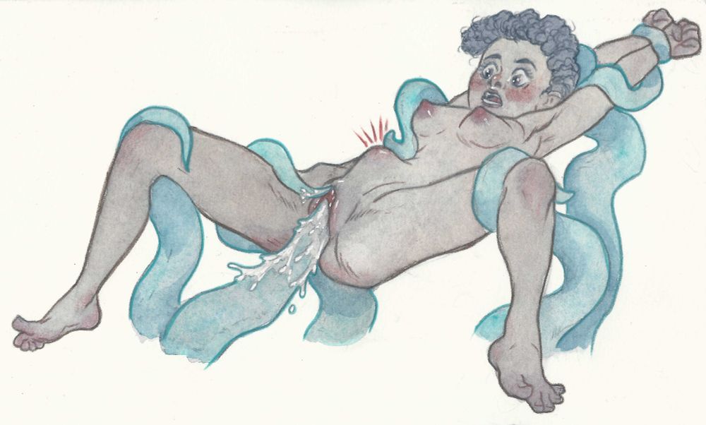 watercolor painting of tentacles fucking a young woman. the tentacles are blue, suspending the woman horizontally, pinning her arms behind her head and spreading her legs. The woman is young and thin, with brown skin and curly dark hair. she blushes deeply as she looks over her breasts to see a tentacle so deep inside her that it pushes her belly up. another tentacle wraps around her torso and prods at the bulge. a final tentacle teases her clit with its tip.