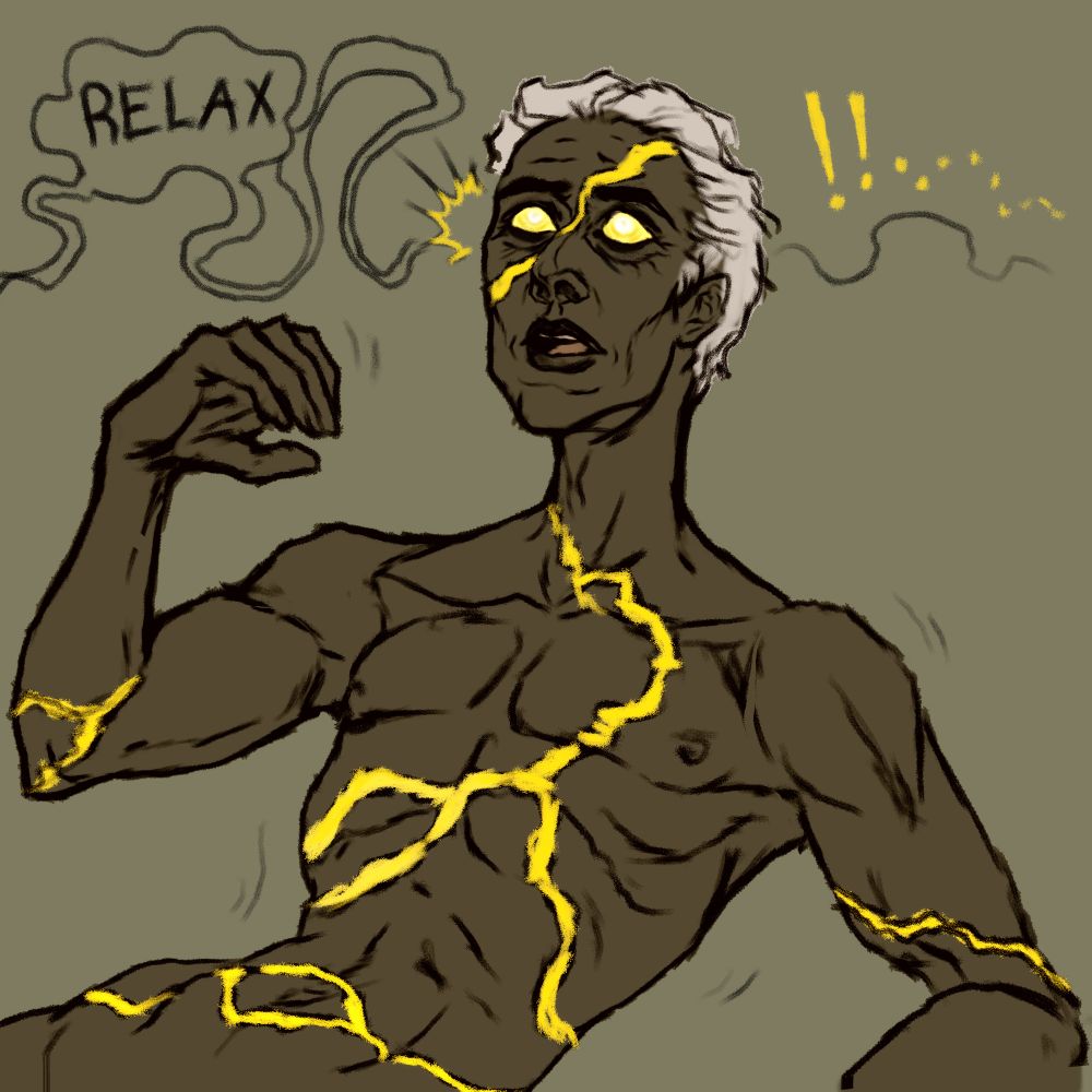 a text bubble winds in from offscreen, its tail seeming to pass through Chronos' head. "RELAX." Chronos' hand goes limp, his body sags slightly, his face looks shocked and confused, but is beginning to fall. His glowing white and yellow eyes are darkened slightly to gold, and rings of light can be seen forming in them. "!!....." says his text, wobbling off to the edge of the canvas