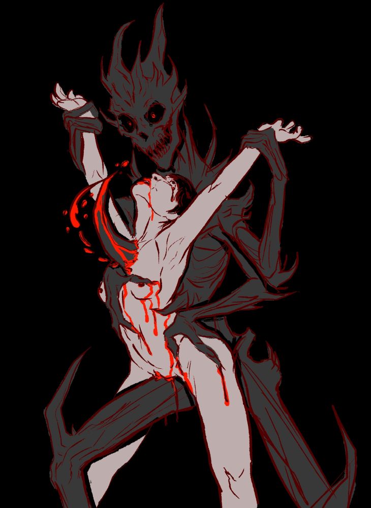 A digital illustration. A tall, deep grey skeletal figure covered in spikes holds up the arms of a thin cis woman with one of its two pairs of arms. Its other 2 arms hold her at her solar plexus and hips, forcing her nude body down onto its extended thigh, so that her naked cunt is pressed to the hard surface. She looks up in at it in shock, a huge metal spike protruding from her chest, rising from the chest of the skeleton. She is small and wiry with short, dark hair and a hooked nose. Her lips are bright red with blood. Blood runs from her chest wound, mouth, eyes, and cunt, as well as anywhere the skeleton's claws press into her flesh. She appears surprised but not agonized, and the skeleton looks down on her with glowing red pinpricks in its eye sockets, sharp, lipless grin perhaps a little more smug than would be neutral.