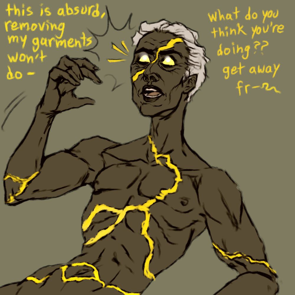 Chronos of Hades 2, seen from the hips up, nude and thrown to the ground. he speaks angrily to a character above him, throwing up his arm defensively in an attempt to shield himself. "this is absurd, removing my garments wont do - what do you think you're doing?? get away fr-~~"