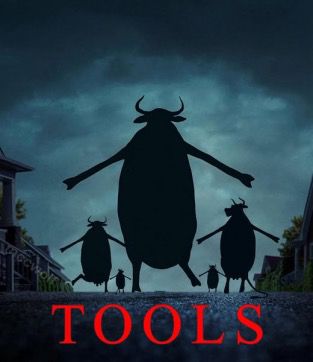 “TOOLS” movie poster parody of Weapons, featuring the silhouettes of anthropomorphic running cows instead of children 