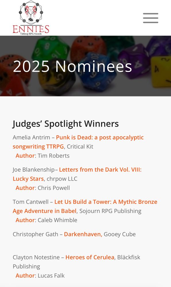 Ennie Awards 2025 Nominees: Judges’ Spotlight Winners including Let Us Build a Tower: A Mythic Bronze Age Adventure in Babel