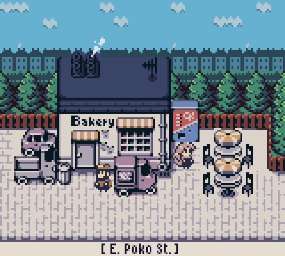 Pixel art of a Small bakery with a 3 wheeled delivery truck parked in front, outdoor seating, and a Ok Cola vending machine. Scene from the homebrew Game Boy Color game “Pocket Delivery”, made with GBStudio. 