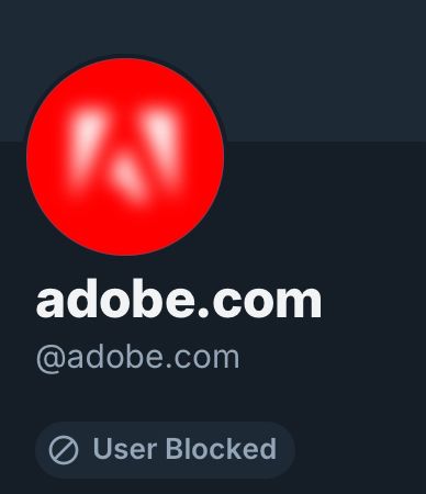 A screen shot of bluesky with text that reads “adobe.com @adobe.com User Blocked”