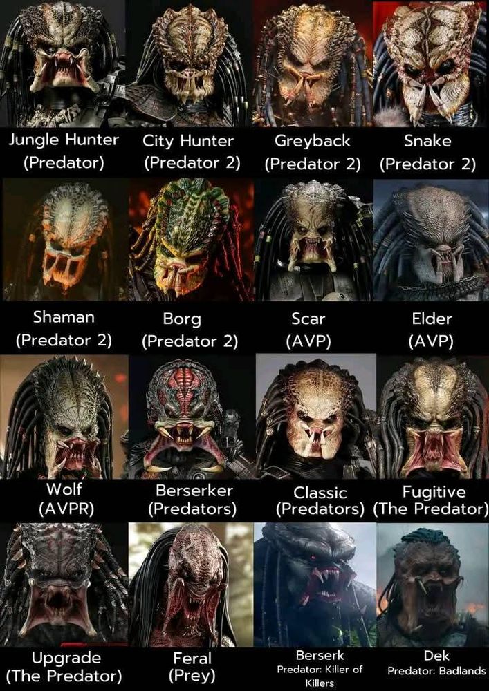 A collage of all of the various creature designs from the Predator franchise