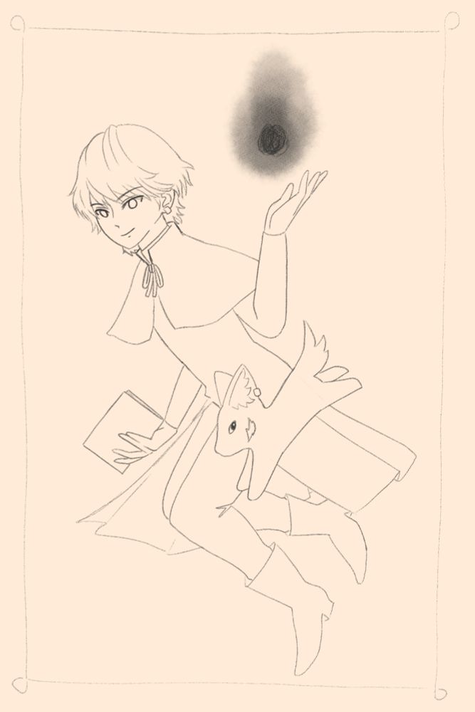 Young Joshua as a witch apprentice, with a flame in one hand and a book in the other. He's accompanied by his familiar, a small dog with an ear cuff and a mark on its left cheek.