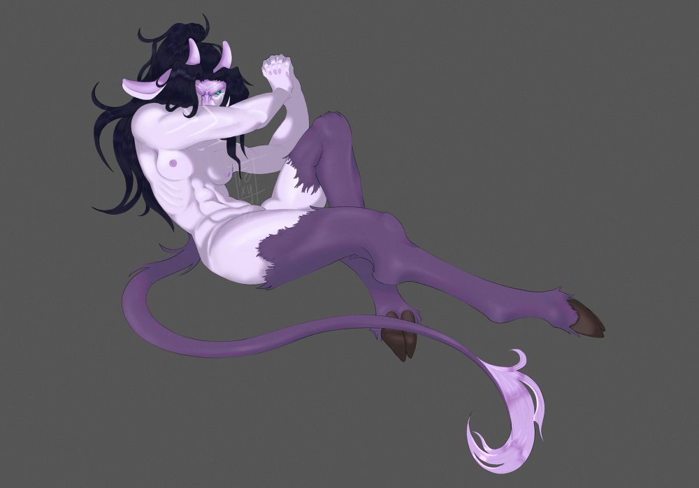 2025 version of the drawing. It’s the remake of the painting “The fallen angel” made by Alexandre Cabanel. This version is done with a female Elf, she is cursed and her body is now Satyr-like.
She have beast features (her face isn’t 100% human, she have horns, goat-like legs and a long tail). Her hair are long and messy, uncaring because of her rage.