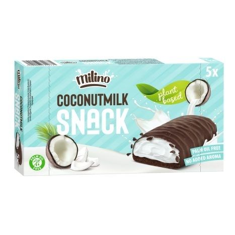 Foto der türkise  Verpackung des Milina Coconut Milk Snacks. Darauf ist der Schokoriegel zu sehen.