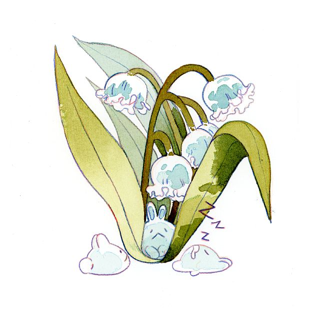 three white bunnies hiding amongst bell flowers, blending in. 
