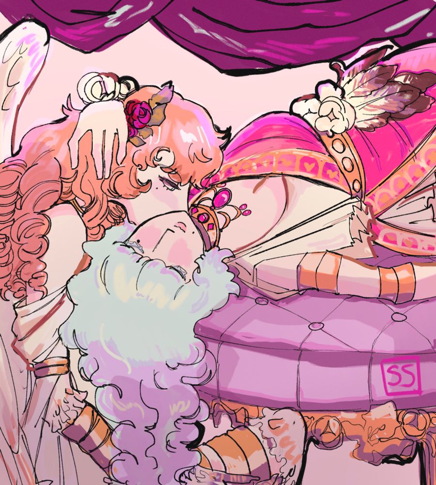 An illustration featuring two half body characters. Eros/ Cupid crouches by a divan, kissing the cheek of a reclining Psyche as she rests a hand tenderly on the back of his head. Eros has fair skin, flushed cheeks, long orange ringlets, wings, and claw-like hands. Psyche has fair skin, closed eyes, flushed cheeks, and soft pastel blue hair. Both wear Greek-inspired clothing and gold jewelry.