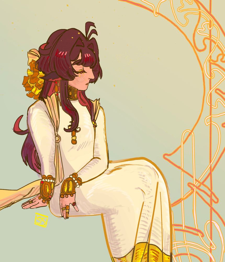 A full-body illustration of a character in an Alfons Mucha inspired piece. Haita is a humanoid figure who sits in a long white gown with gold accents, their face in profile. They have reddish brown hair with classic anime hair vents, sheep ears, and golden freckles.