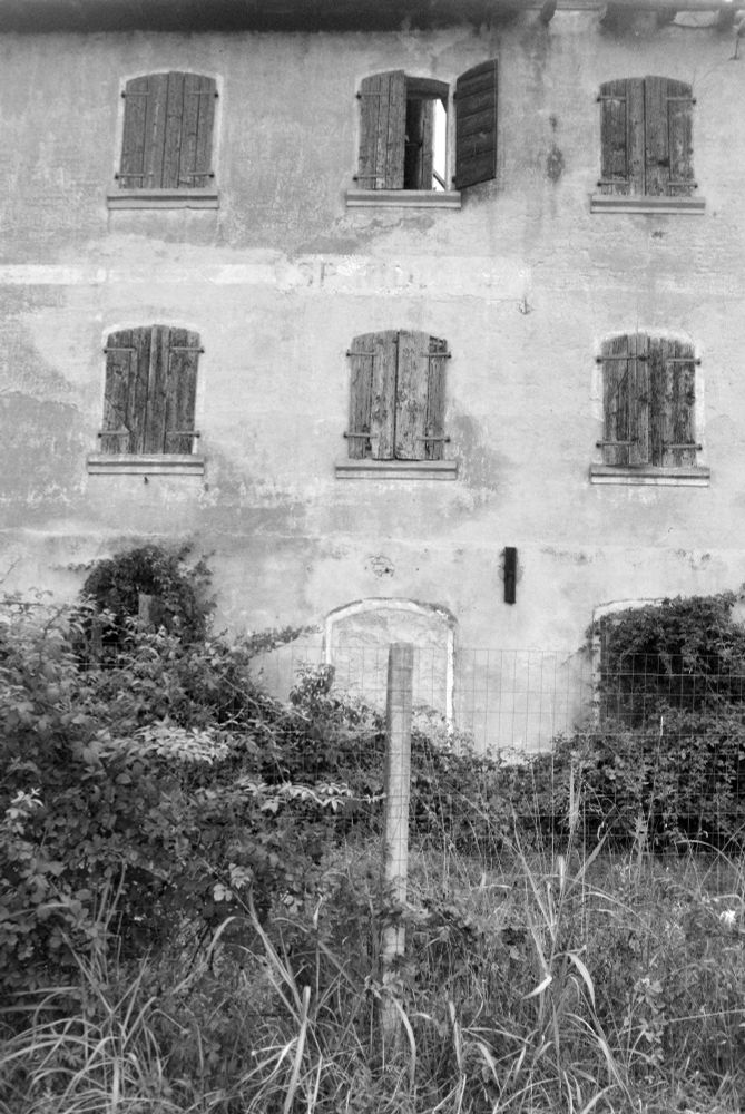 A close-up of the empty building in the previous picture. Two rows of windows show; all closed, aside from the top middle one. The pattern they formed was too good not to capture. How does this come about? A gust of wind? Does anyone ever go in there? And wouldn't I love to know.