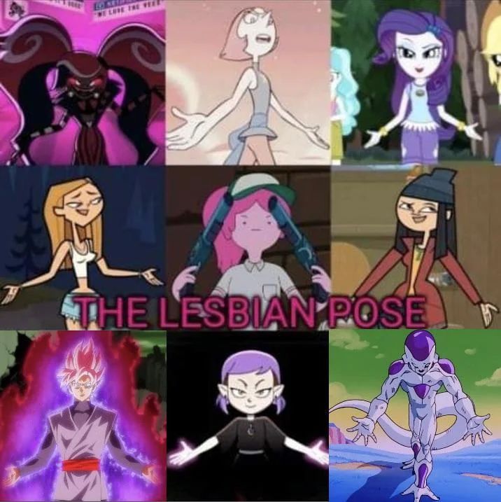 "the lesbian pose" meme montage - (most) characters with wide open arms, elbows bent outward, creating angles with the arms. Some of the characters include pearl, amity and freeza