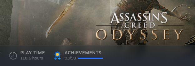 Screenshot of the Assassin's Creed Odyssey page in the Steam Library that shows 93/93 achievements and 118.6 hours of play time