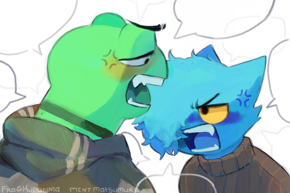 A large anthropomorphic, green frog is arguing with a shorter, anthropomorphic cat. They both seem to be arguing loudly over a topic they are both invested in. Clearly Xbox beats pissshit I mean play station.

The art depicts plenty of speech bubbles around them to indicate they are arguing very…. Very fast.

#furryart #art #furry