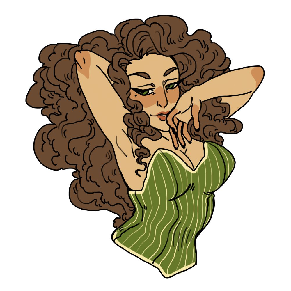 This image is a bust of Olive, she is wearing an olive green corset with light yellow pinstripes. She has a mass of wavy brown hair on her head and she has her arms folded about her face in a flirty manner. She looks at the viewer through heavy lidded eyes.