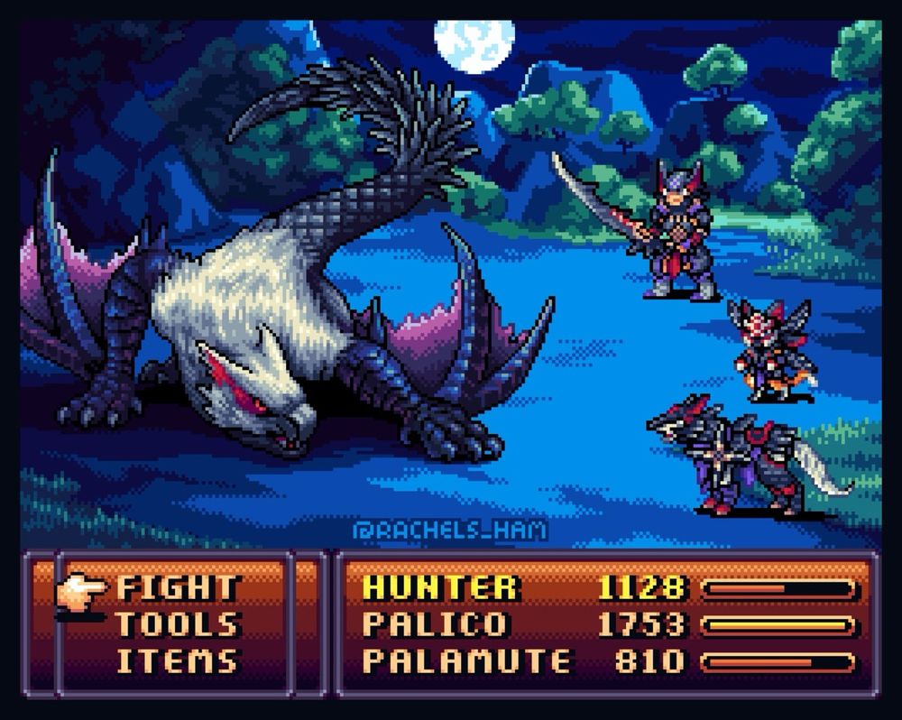 Pixel art of a Lucent Nargacuga from Monster Hunter drawn in the style of a retro RPG game. 