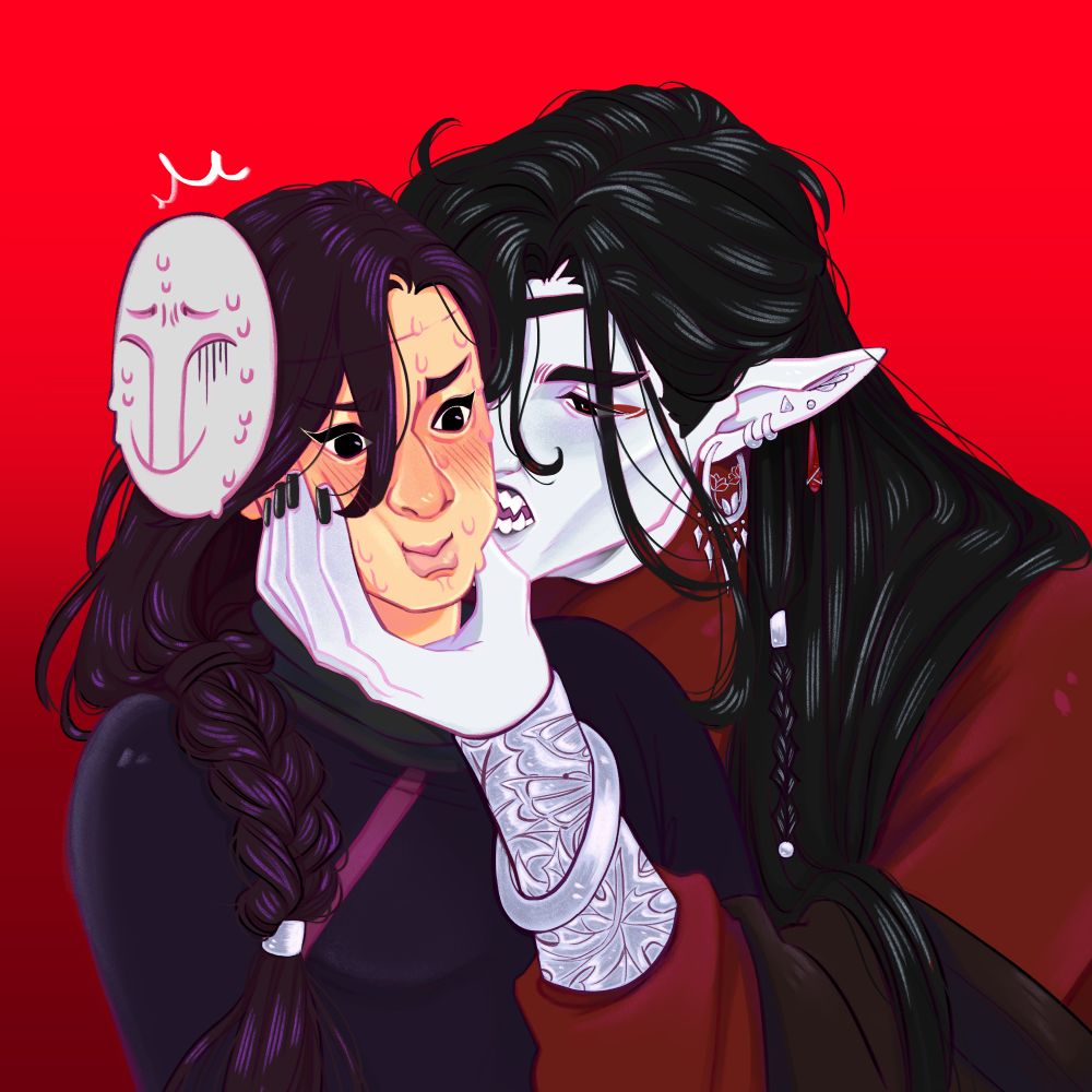 Digital art of Yin Yu and Hua Cheng from TGCF. Hua Cheng is biting Yin Yu's cheek while holding his face in place, while a clearly embarrassed and surprised Yin Yu stares to the, suddenly very interesting, floor.