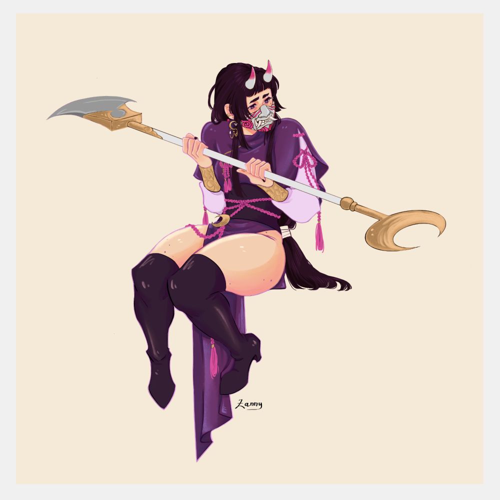 digital art of gender-bent Yin Yu from tgcf.
She's holding her Earth Master shovel and wearing her ogre mask, furrowing her brows slightly.