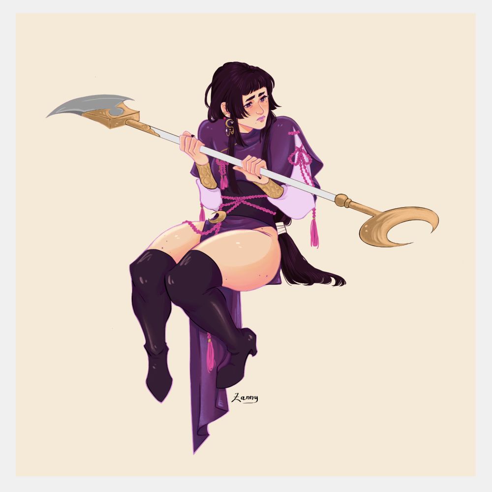 digital art of gender-bent Yin Yu from tgcf.
She's holding her Earth Master shovel and furrowing her brows slightly.