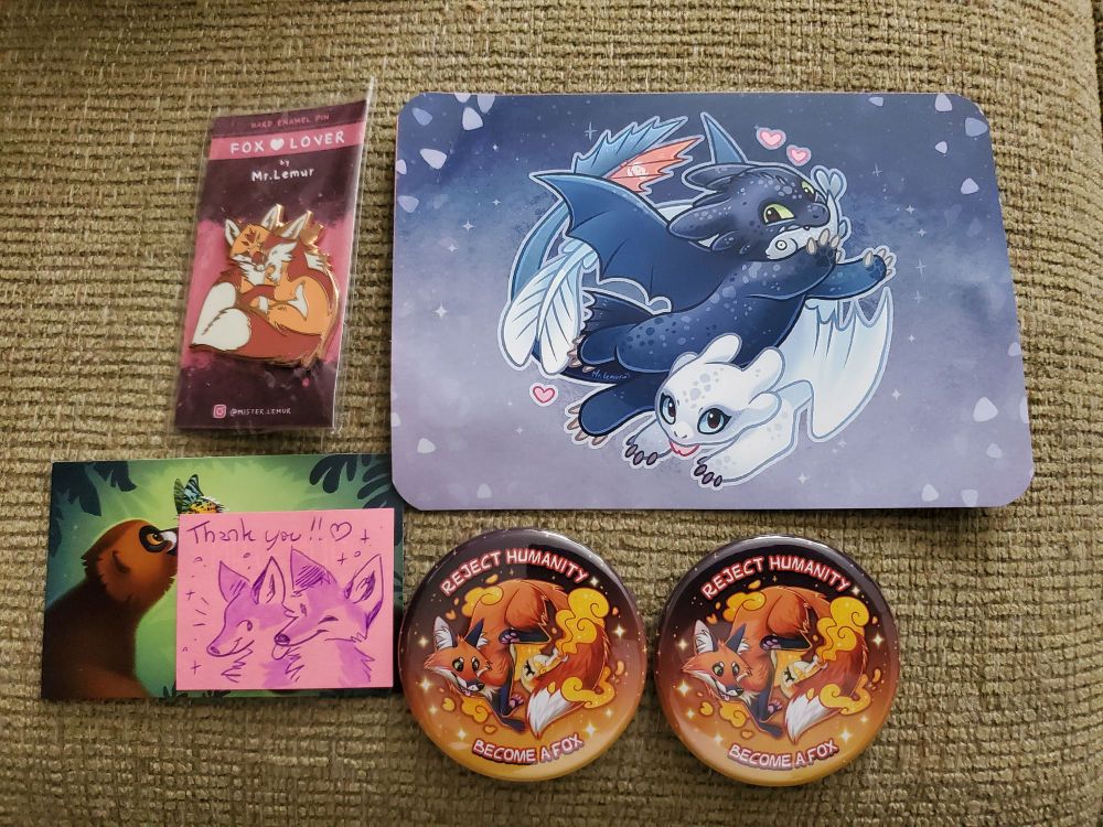 My purchases from Mr. Lemur! A Fox Lover enamel pin and two magnets "Reject Humanity, Become a Fox"