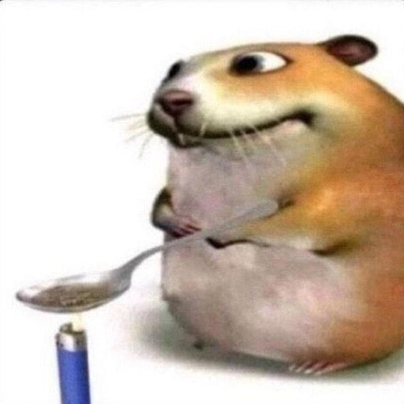 A low-quality CGI image that is alledgedly a hamster smoking crack. the hamster is "holding" a spoon with some kind of liquid over a lighter, and has a hollow-eyed, vacant expression, representative of how I feel at the time of posting.