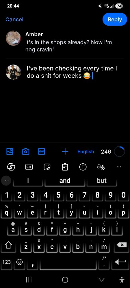 A screenshot of the reply I was composing where instead of "shop" it said "shit" so it looks like I've been checking for egg nog every time I do a shit for weeks 