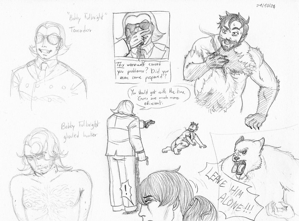 The sketches on the left are of the Phantom as "Bobby Fulbright", he's a Toreador vampire, the other is of the actual Bobby Fulbright, who's a ghouled hunter, shirtless and covered in vampire bite marks. There's a mini comic to the right with the Phantom adjusting his glasses while holding a silver chain and saying "This werewolf caused you problems ? Did you even come prepared ?" The next image is of Kent having been injured by the silver chain on his chest, he's been knocked out of his werewolf form. The next panel shows the Phantom aiming a gun at Kent, who's trying to run away, while saying "You should get with the time. Guns are much more efficient." Simon is in the foreground with a "!" bubble next to him. The last panel is of werewolf Walter yelling "Leave him alone!!!" 